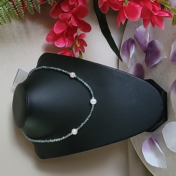 Aquamarine gemstones and genuine freshwater pearl 18" adjustable necklace. NWOT. - Picture 2 of 7